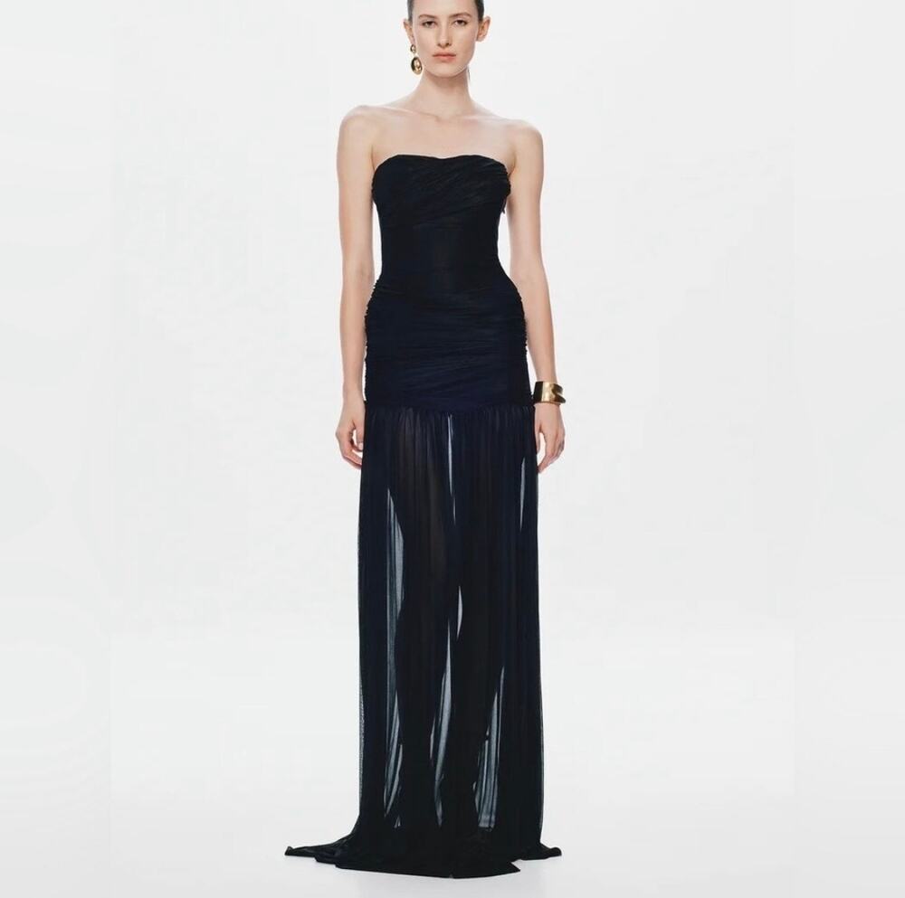 Misha Elegant Strapless Black Dropped Waist Ruched Maxi Dress